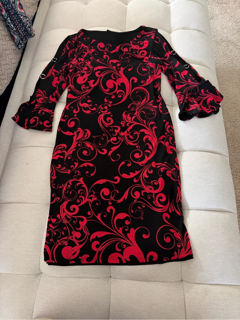 Sami & Jo Black Dress with Red Scroll Print and Ring-Detail Sleeves